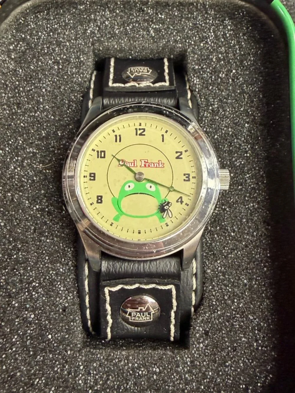 Vintage Paul Frank Frog & Fly Watch Leather Cuff Original Tin Box Y2K